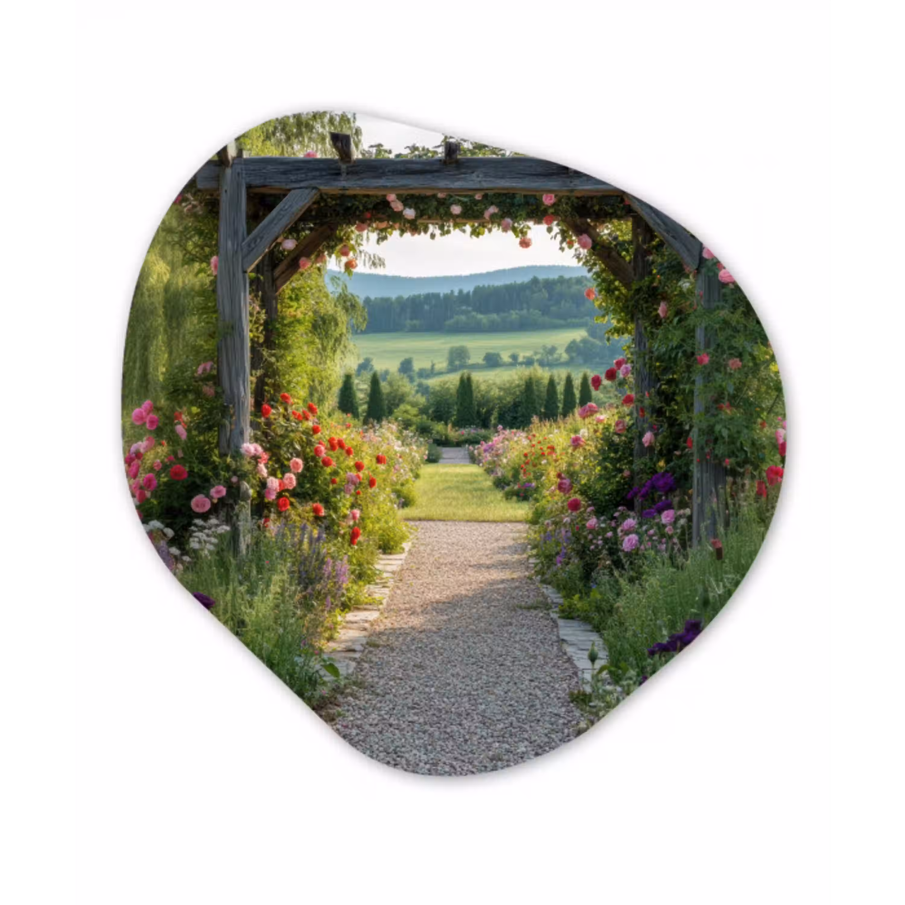 Doorkijk - Landschap - Natuur - Tuinboog - Bloemen Wandcirkel Organisch Plexiglas middel -3d
