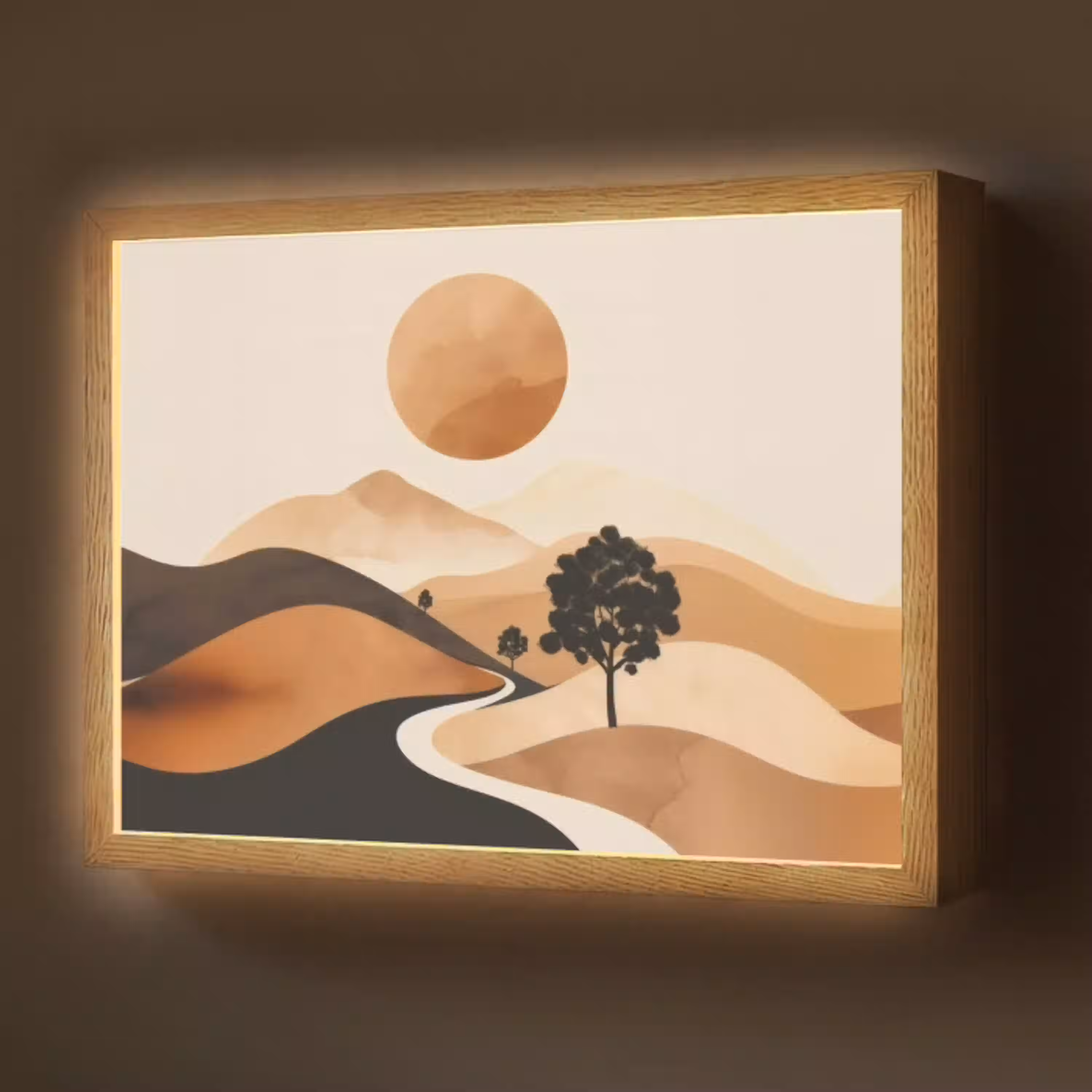 Zon - Heuvels - Boom - Abstract Light Box met batterij (Wandlamp) middel -z3d_website