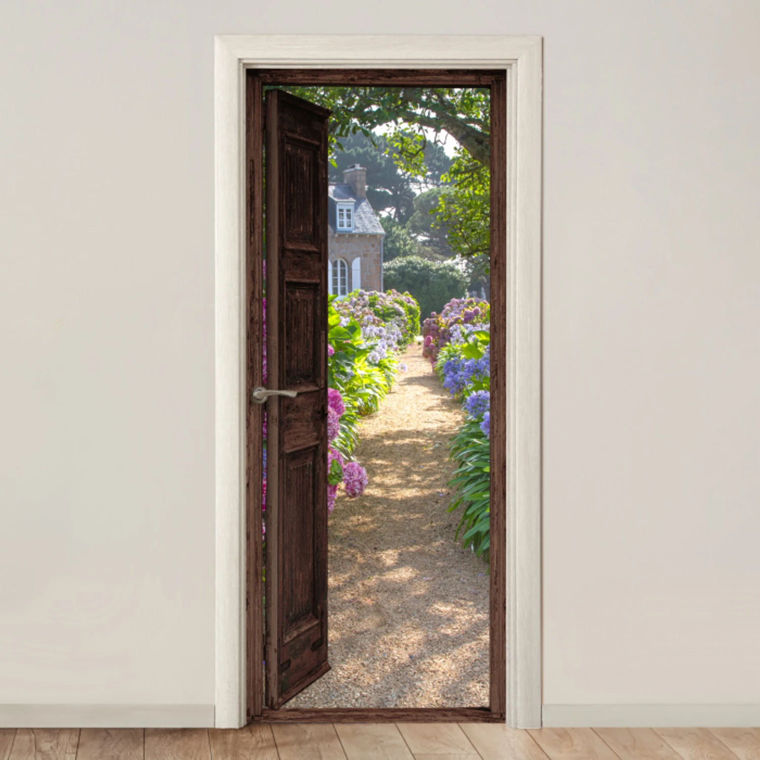 Doorkijk - Hortensia - Deur - Bloemen - Natuur deurposter klein -3d_beige