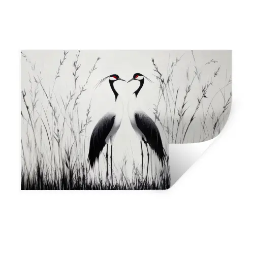 Kraanvogels - Gras - Hartvorm - Zwart Muursticker klein -3d