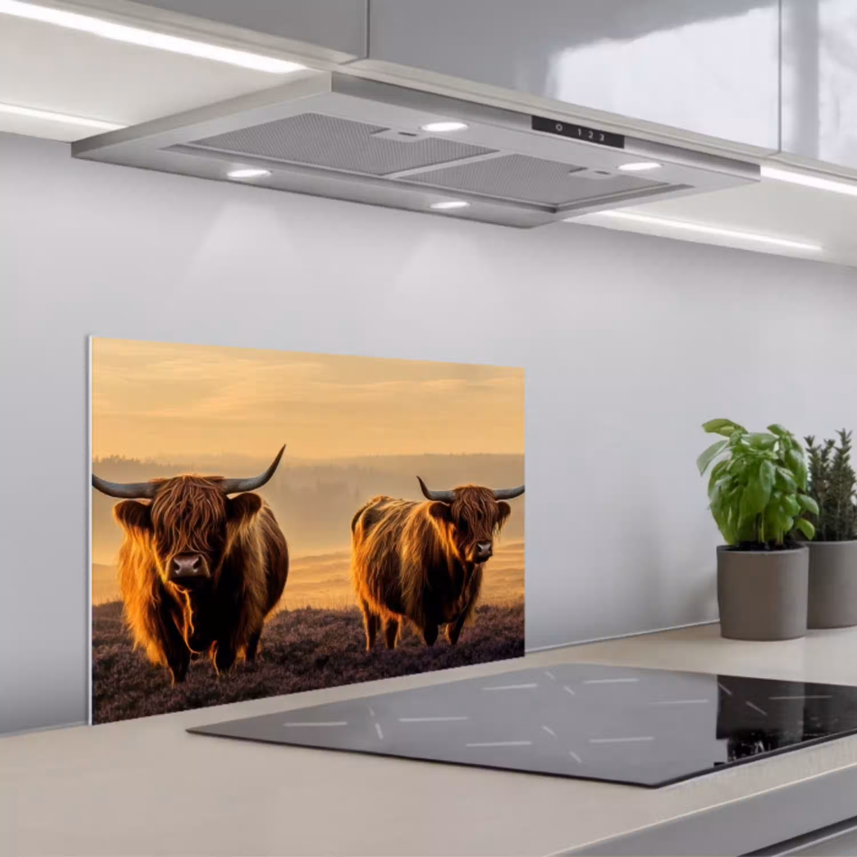 Schotse hooglanders - Heide - Landschap - Dieren keuken achterwand spatscherm klein -3d_schuin