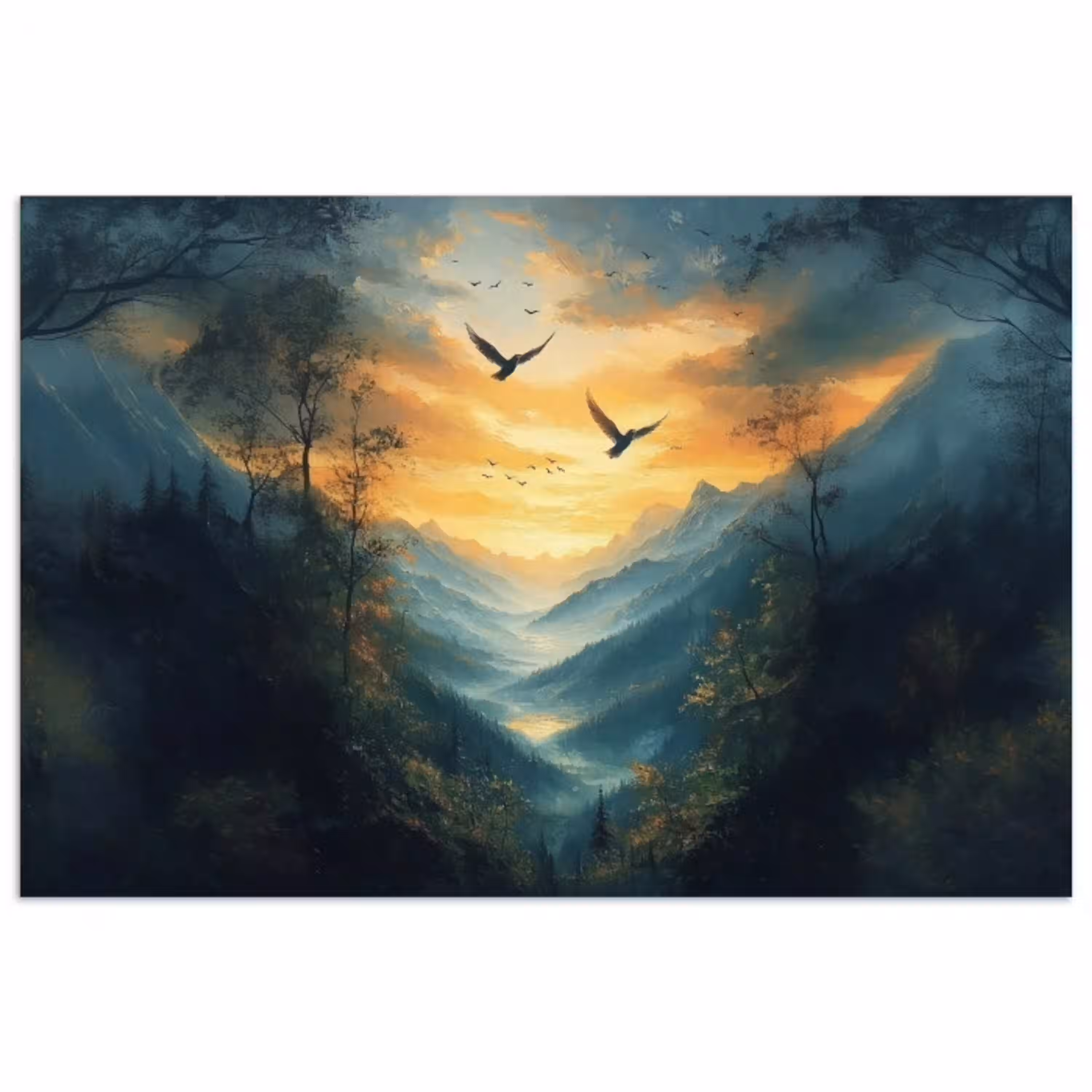 Vogels - Zon - Bomen - Groen poster papier klein -3d