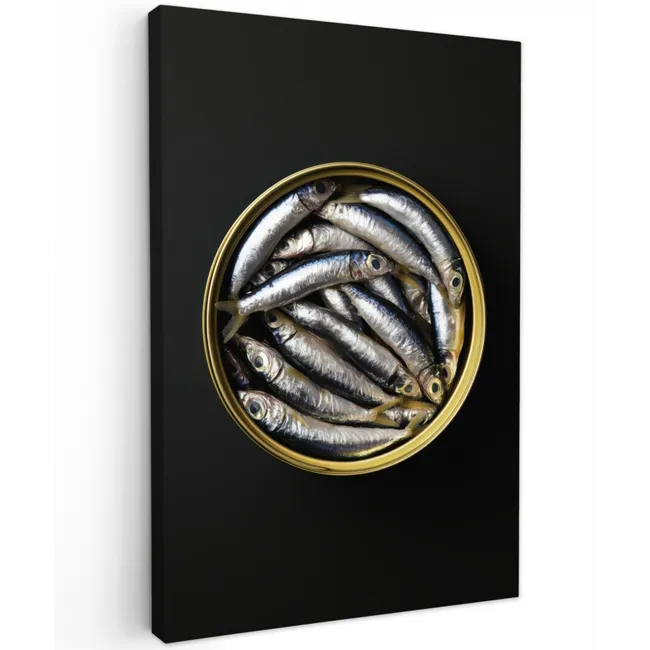 Sardines - Vissen - Rond - Zwart Tuinposter op houten frame 2 cm dik klein -3d