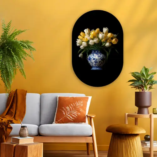 Geel - Tulpen - Vaas - Bloemen Wandcirkel Ovaal Glas middel -sfeer4