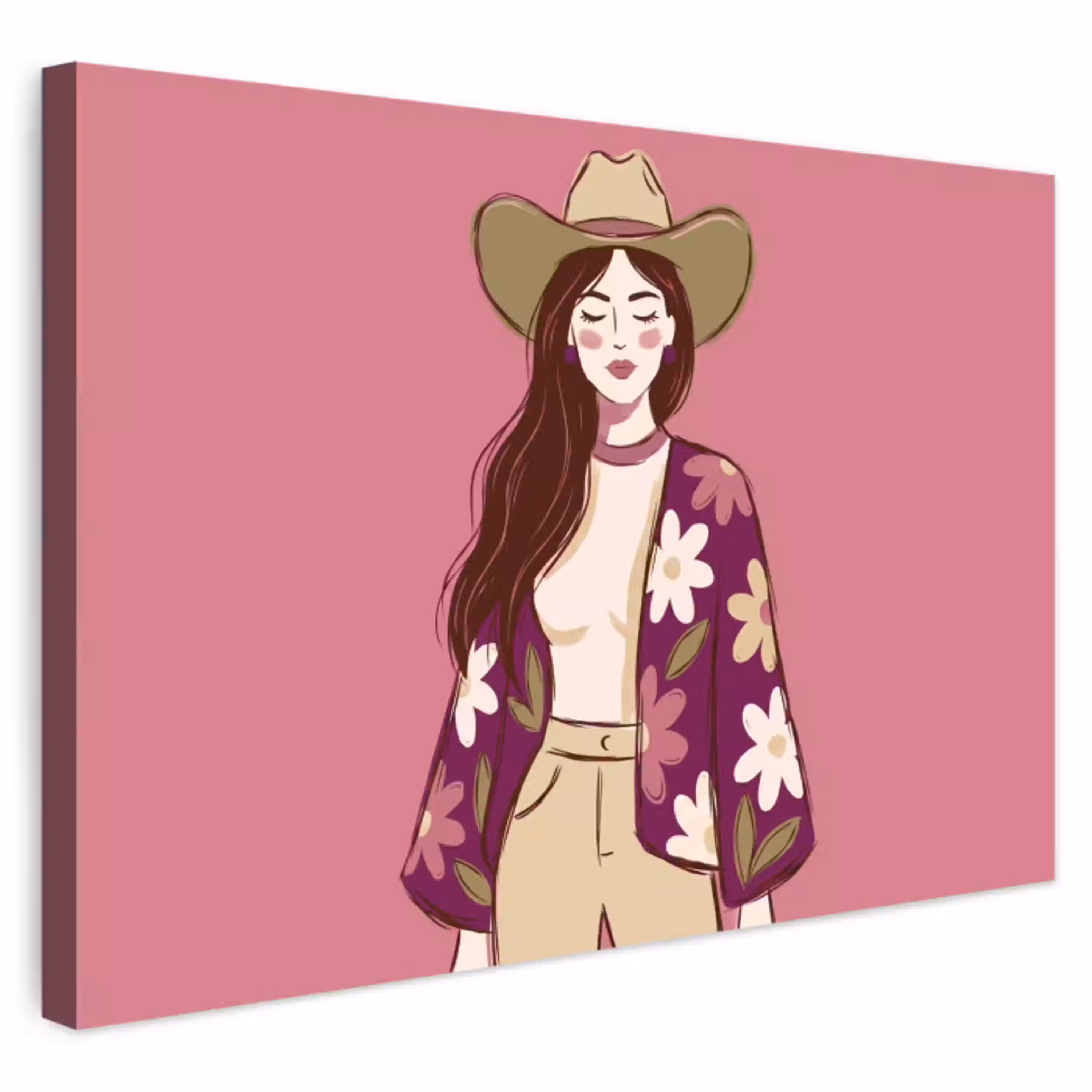 Vrouw - Hoed - Portret - Illustratie - Roze Tuinposter op houten frame 2 cm dik klein -3d