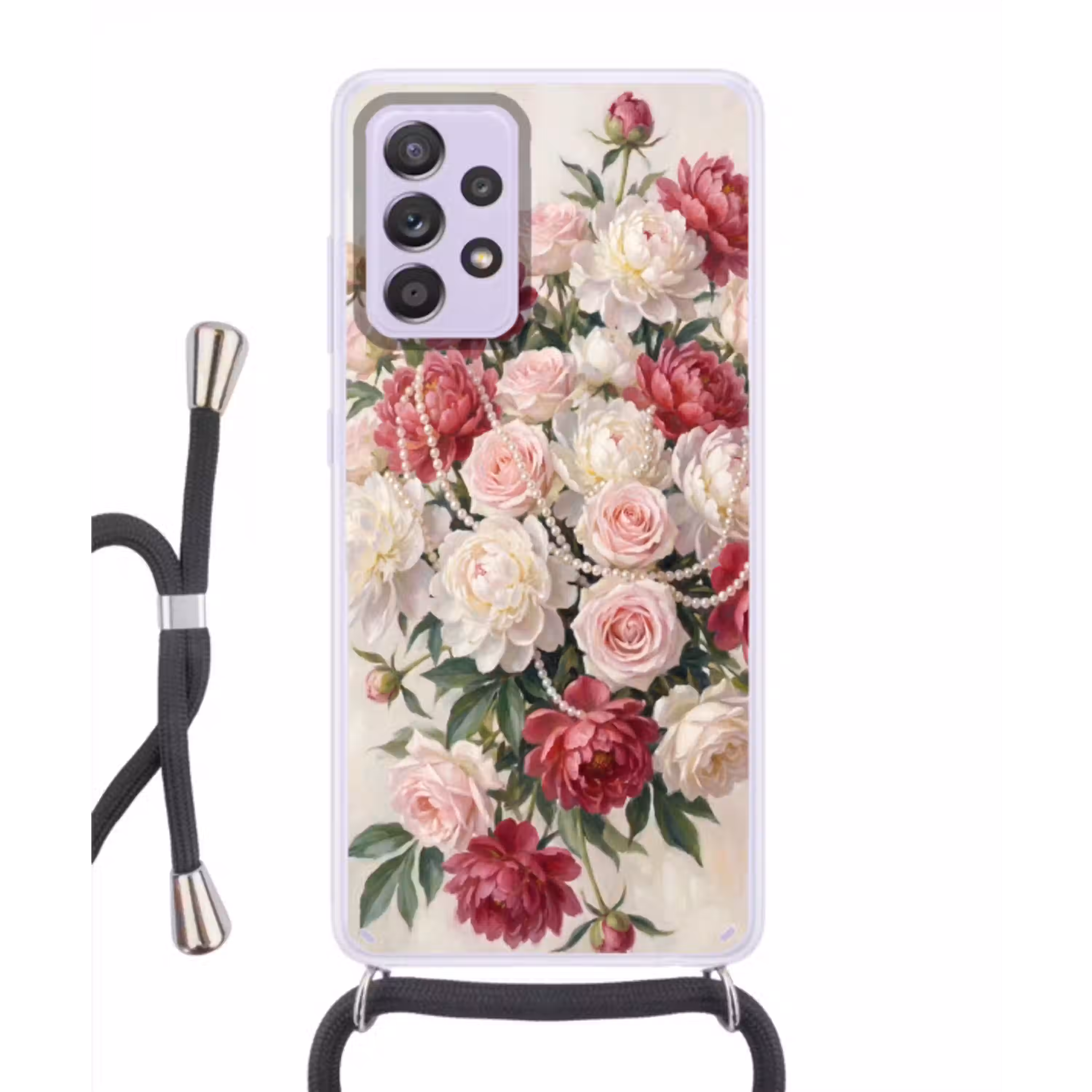 Bloemen - Parels - Romantiek - Klassiek - Roze Hoesje Samsung Galaxy A52 5G met koord klein -3d