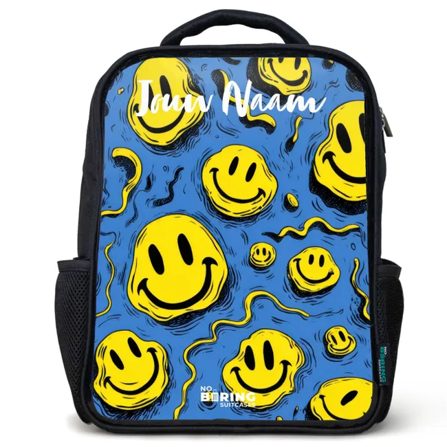 Rugzak kind met naam - Zwart - Smiley - Blauw - Geel