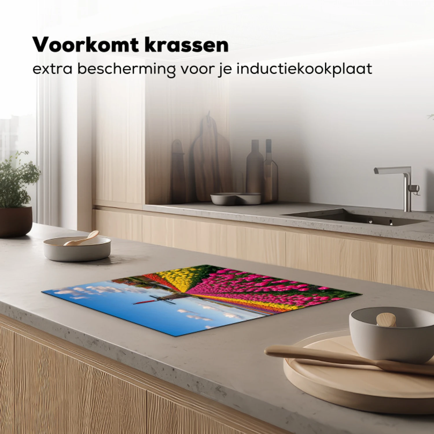 Tulpen - Holland - Molen - Kleurrijk Inductie beschermer vinyl 3mm middel -sfeer1