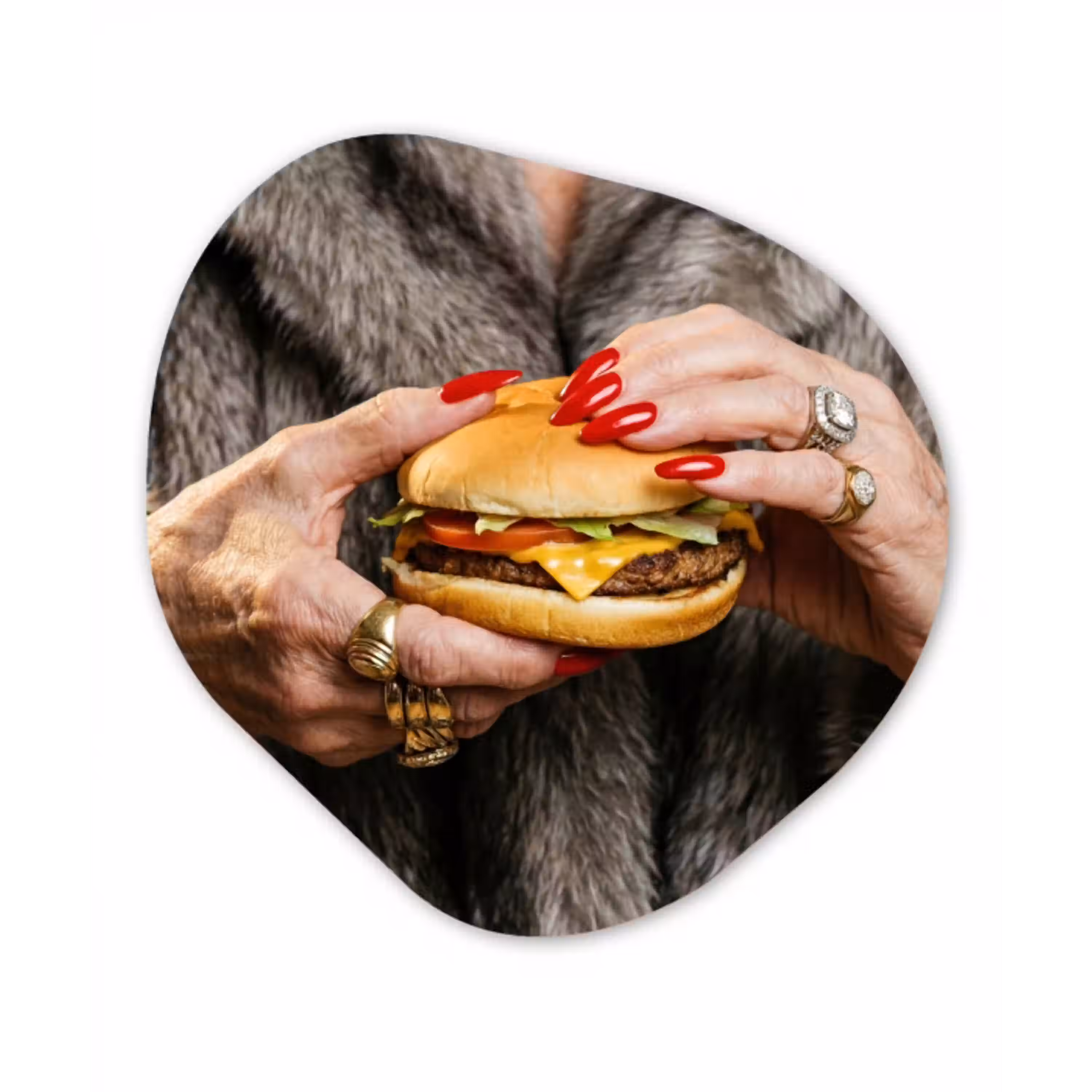 Vrouw - Hamburger - Bontjas Wandcirkel Organisch Aluminium middel -3d