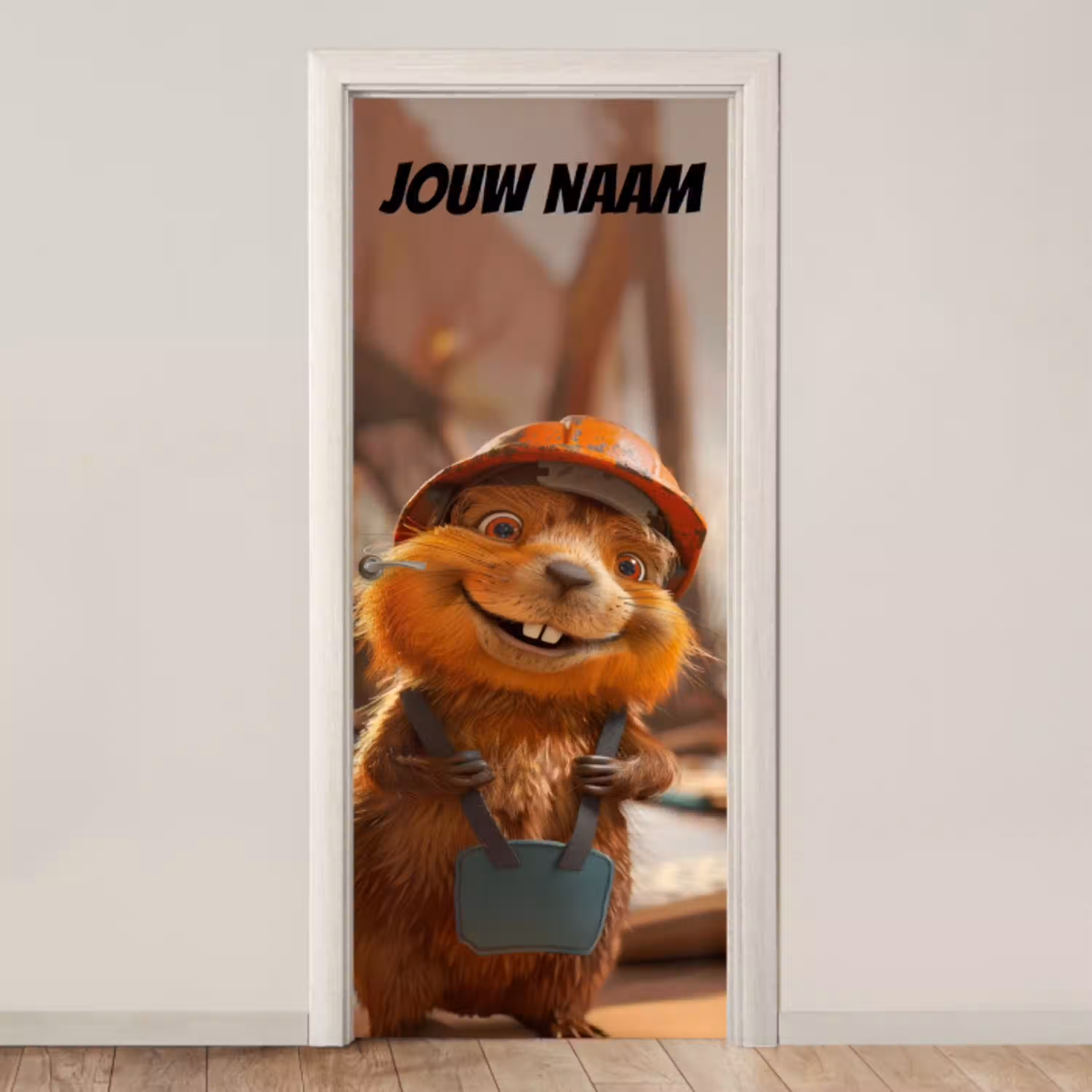 Schattig dier met bouwhelm en tas en de tekst “Deze kamer is van: jouw naam”. deurposter klein -3d_beige