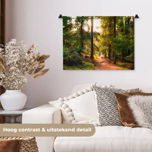 Bos - Pad - Bomen - Groen - Zon - Natuur Wandkleed katoen klein -sfeer1