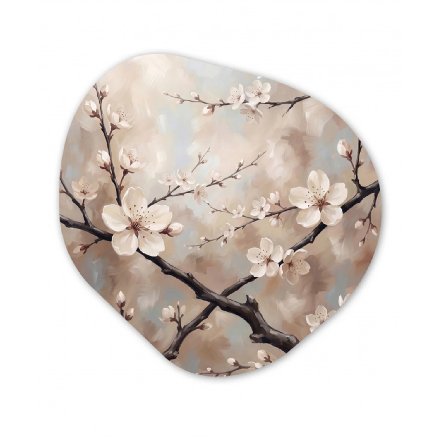 Bloesem - Takken - Schilderij - Beige - Serene Wandcirkel Organisch Aluminium middel -3d