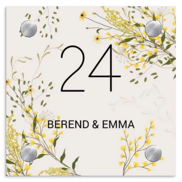 Gele bloemen - Klassiek Naambord Vierkant klein -3d