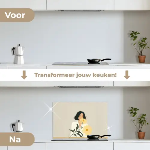 Vrouw - Bloem - Geel - Minimalistisch keuken achterwand spatscherm klein -voor_na_NL