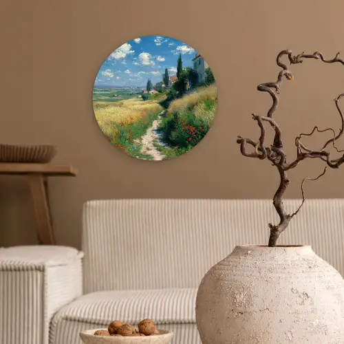 Zandpad - Huis - Bomen - Grasveld Wandcirkel kunststof plaat 5mm dik klein -sfeer1