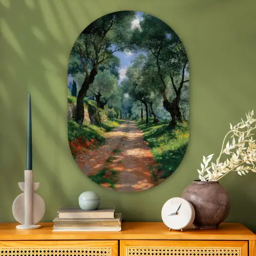 Pad - Bomen - Schaduw - Wandcirkel Ovaal Glas middel -sfeer2