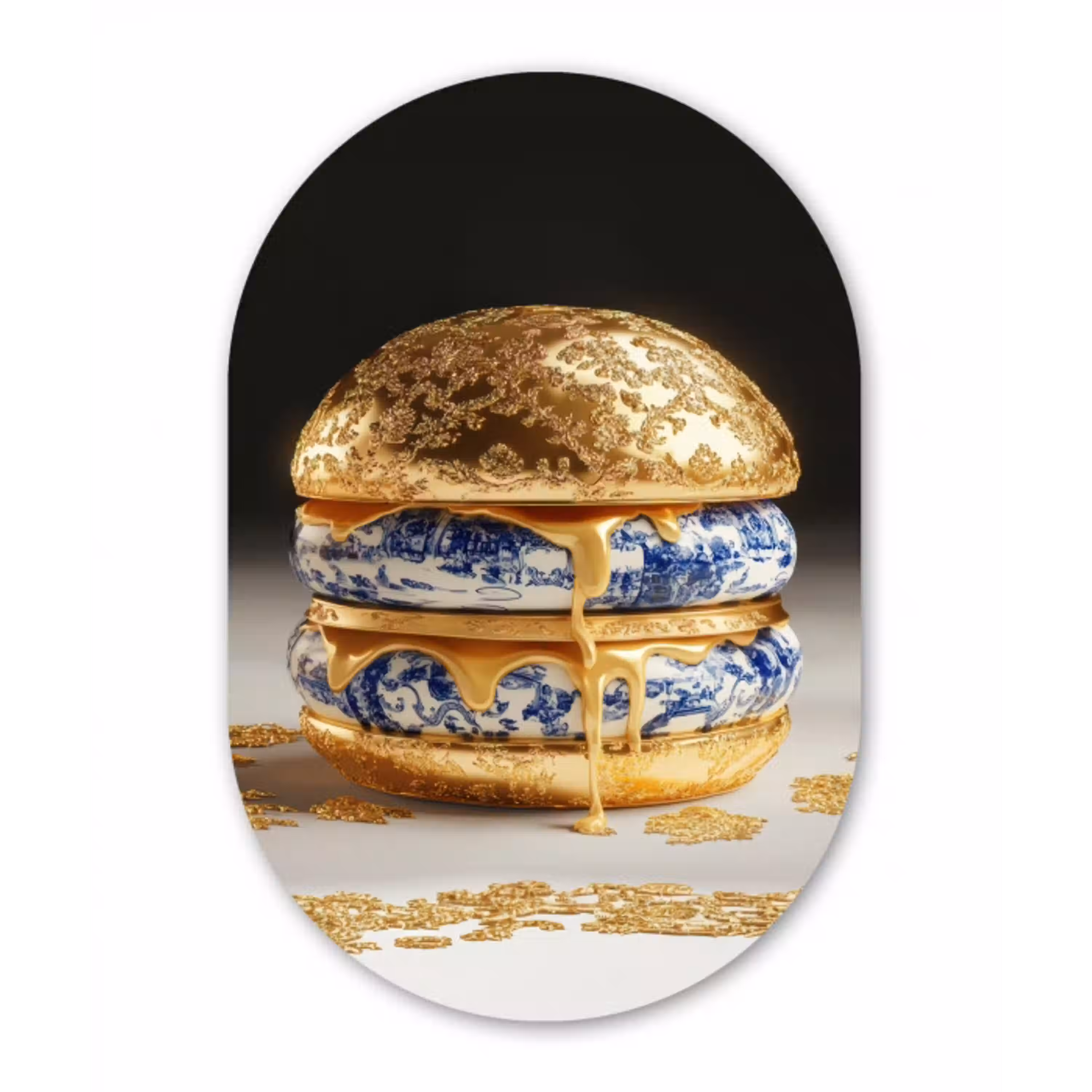 Delftsblauw - Goud - Burger Wandcirkel Ovaal Glas middel -3d