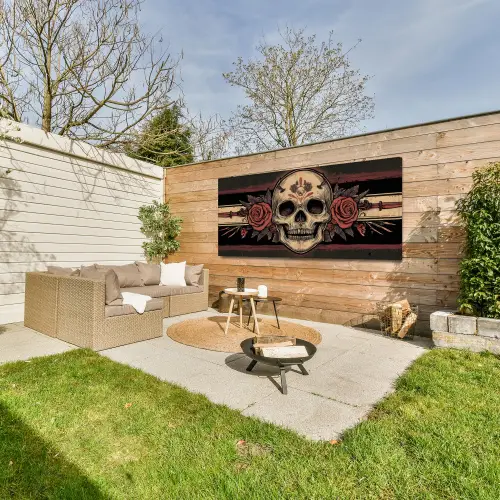 Schedel - Rozen - Gotisch Tuinposter op houten frame 2 cm dik xxl -sfeer2