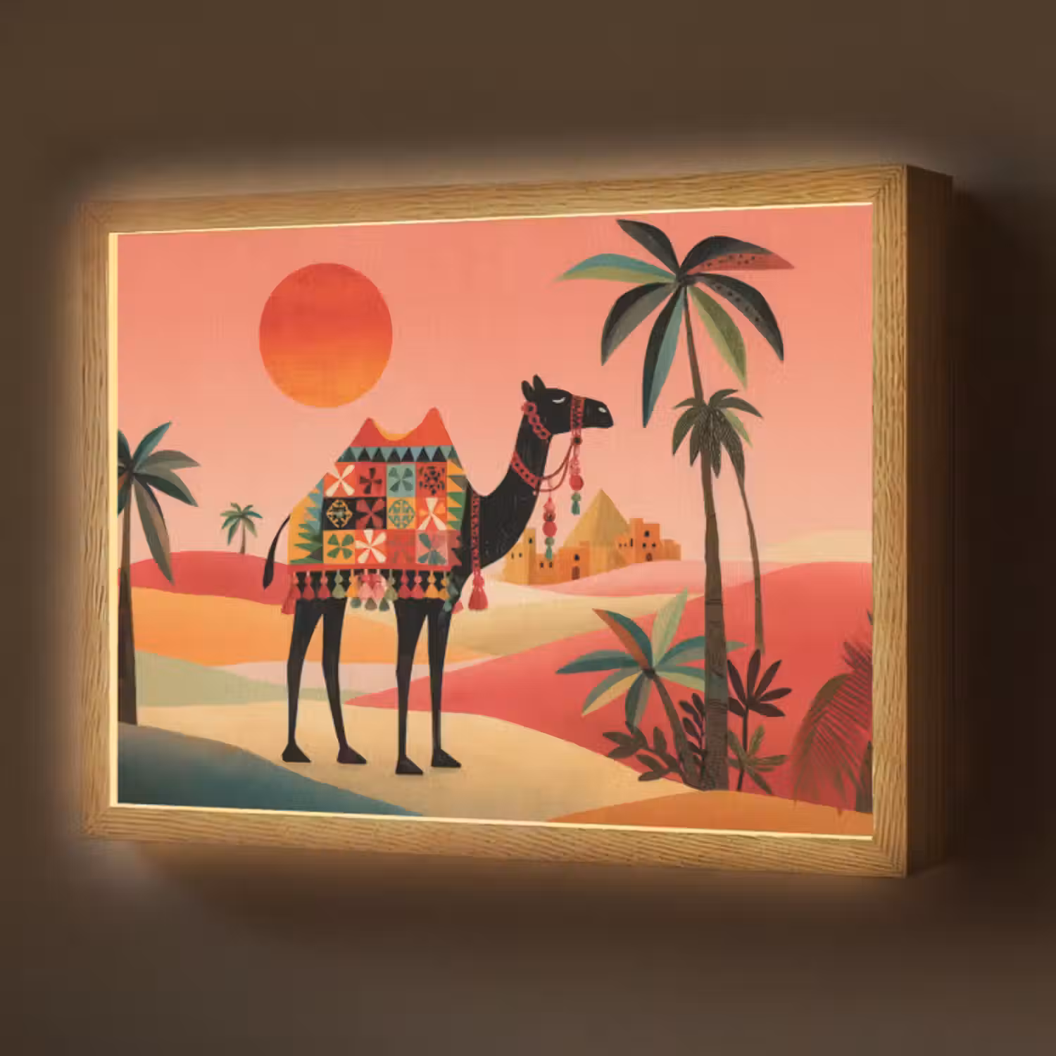 Lightbox - Wandlamp - Kameel - Gekleurd tapijt - Duinen - Rode zon