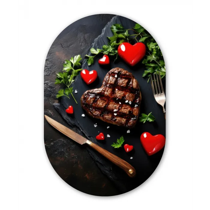 Steak - Hart - Bestek Wandcirkel Ovaal Glas middel -3d