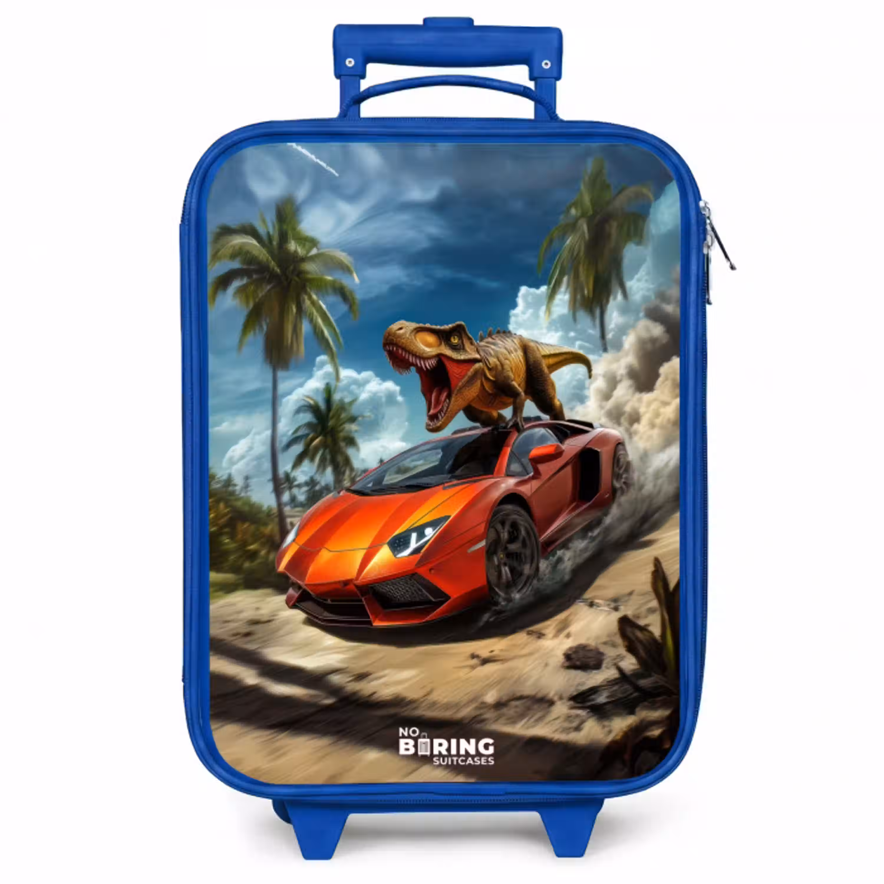 Rode sportauto met dino raast door tropisch strand Kinderkoffer - Blauw klein -zzz_website3d