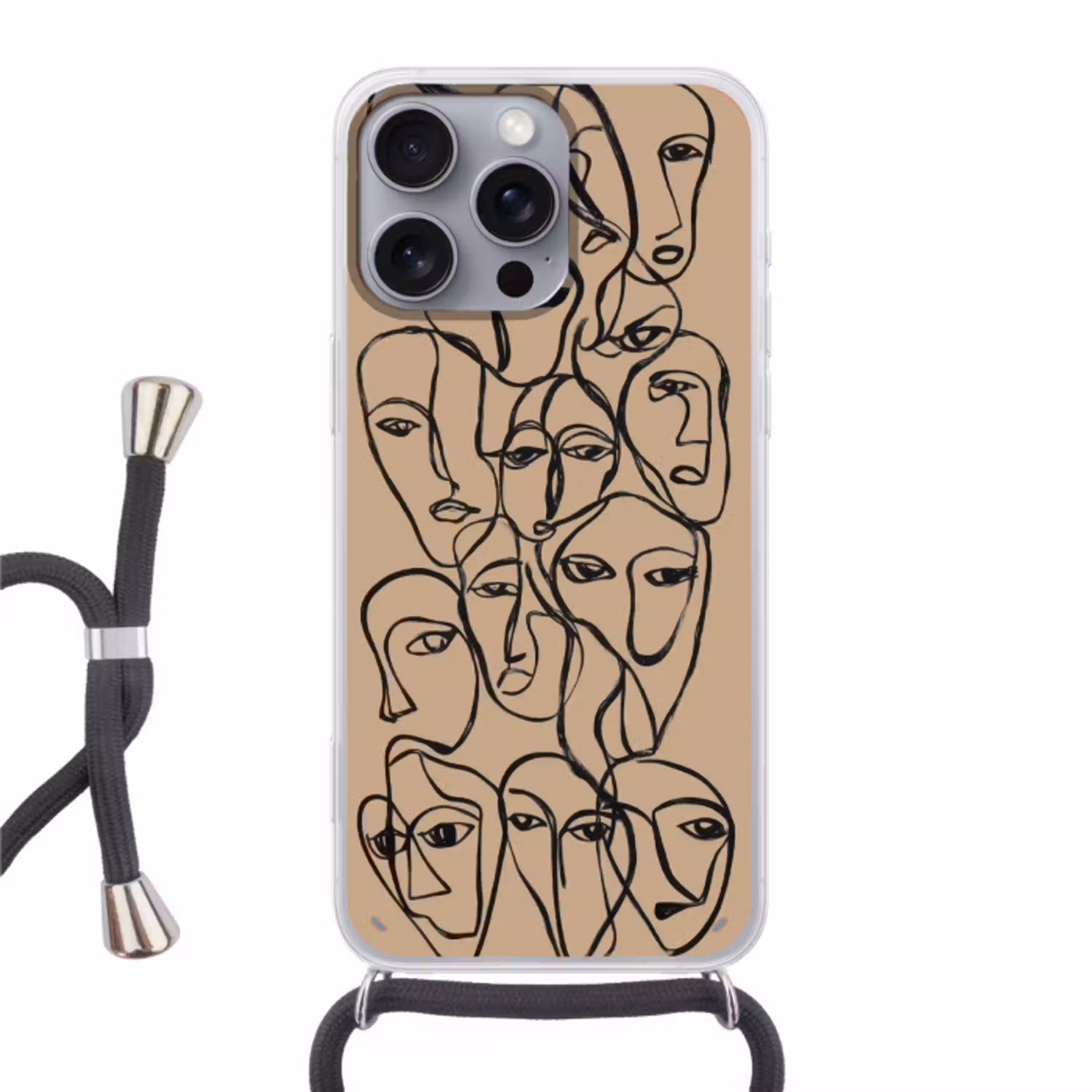 Gezichtenzee - Lijntekening - Abstract Hoesje iPhone 16 Pro Max met koord klein -3d