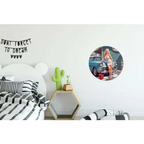 Auto - Vrouw - Groen Wandcirkel aluminium klein -kinderkamer