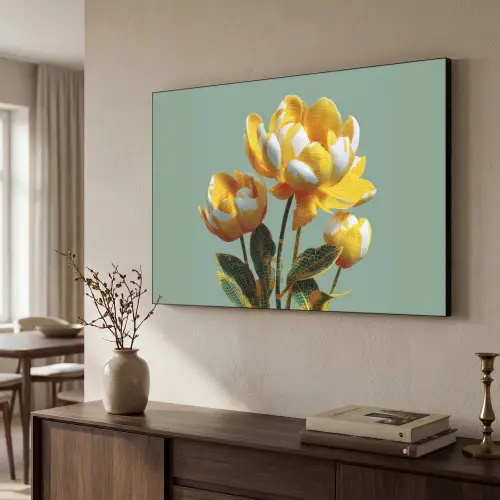 Bloemen - Geel - Bladeren - Structuur Textielframe zwart klein -sfeer3