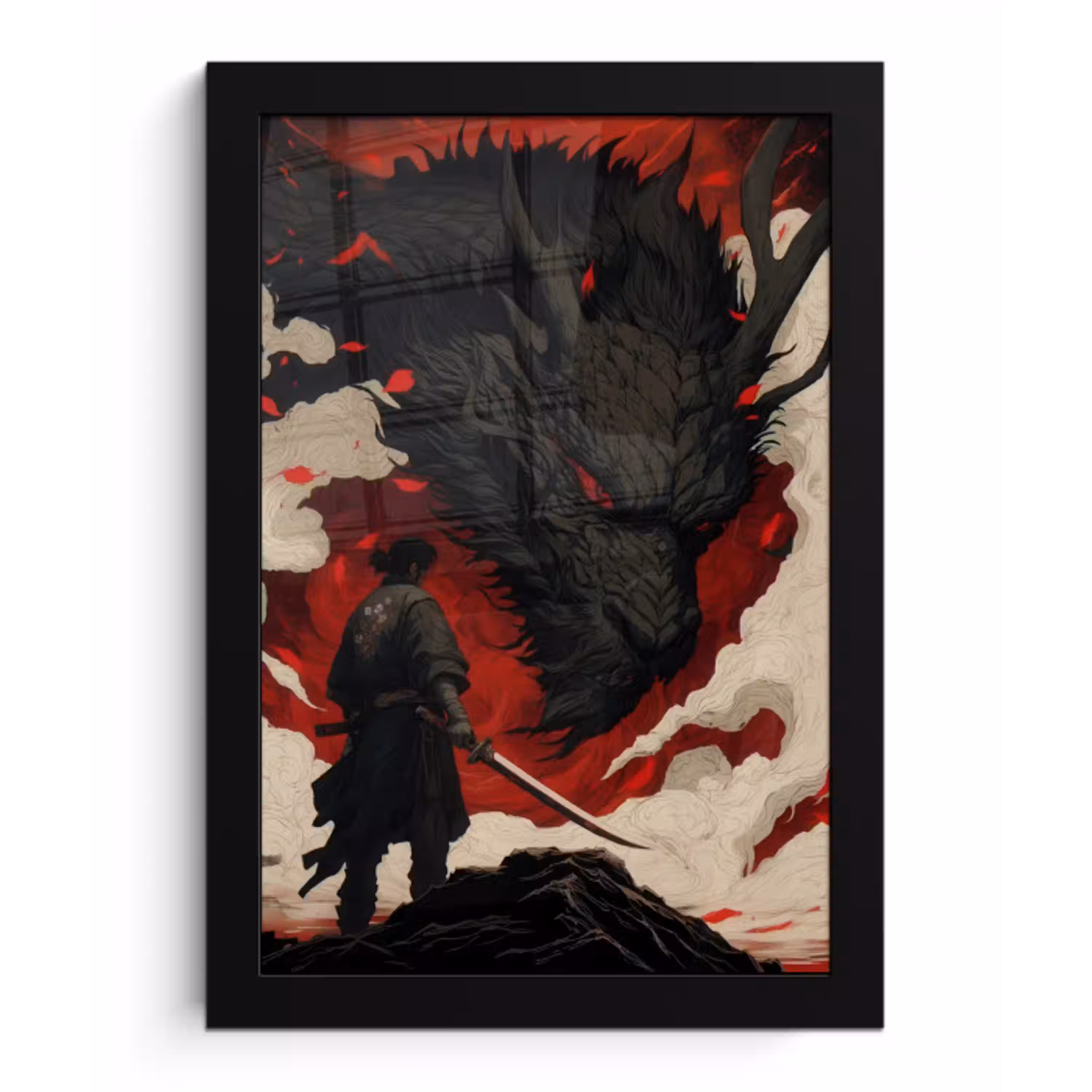 Krijger - Draak - Zwart - Rood - Rook fotolijst zwart zonder passe partout klein -3d