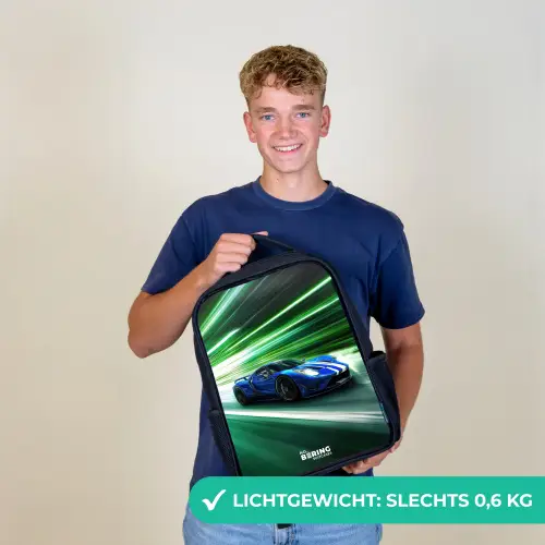 Blauwe raceauto met strepen in groene tunnel Rugzak - Zwart middel -sfeer7_NL