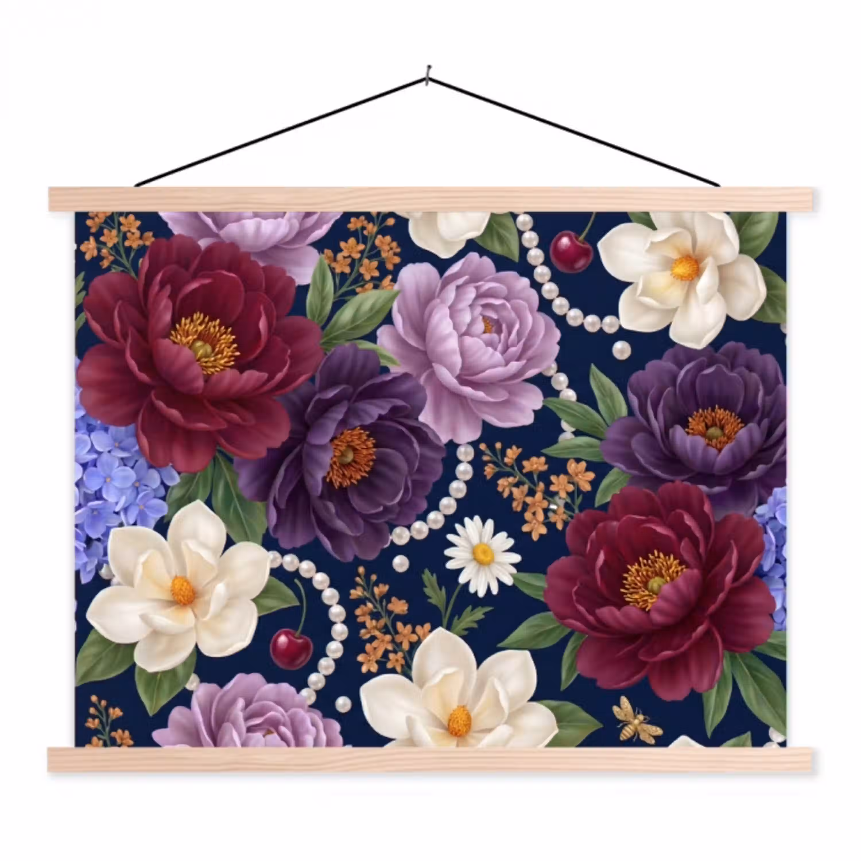 Bloemen - Parels - Decoratie - Modern - Blauw textielposter latten blank klein -3d