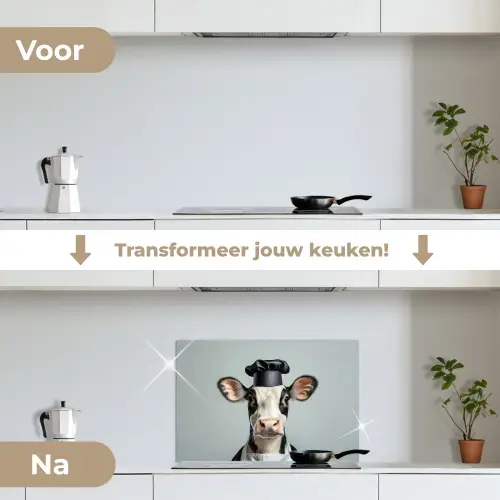 Koe - Zwart - Wit - Kok keuken achterwand spatscherm klein -voor_na_NL