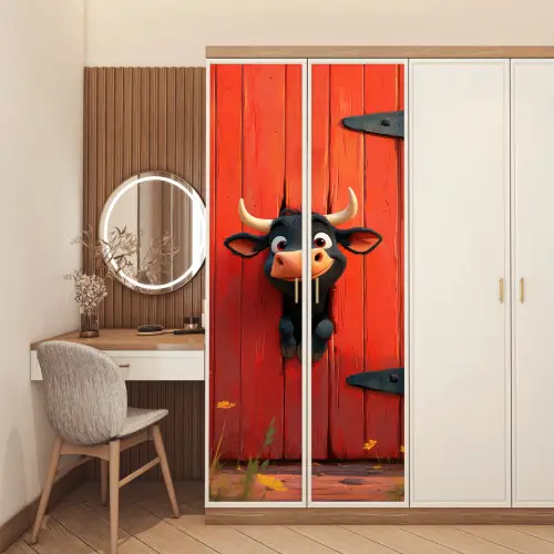 Stier - Rood - Boerderij - Schuurdeur deurposter klein -sfeer3