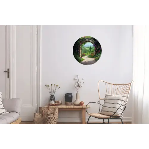 Doorkijk - Landschap - Bloemen - Pad - Uitzicht Wandcirkel aluminium klein -woonkamer