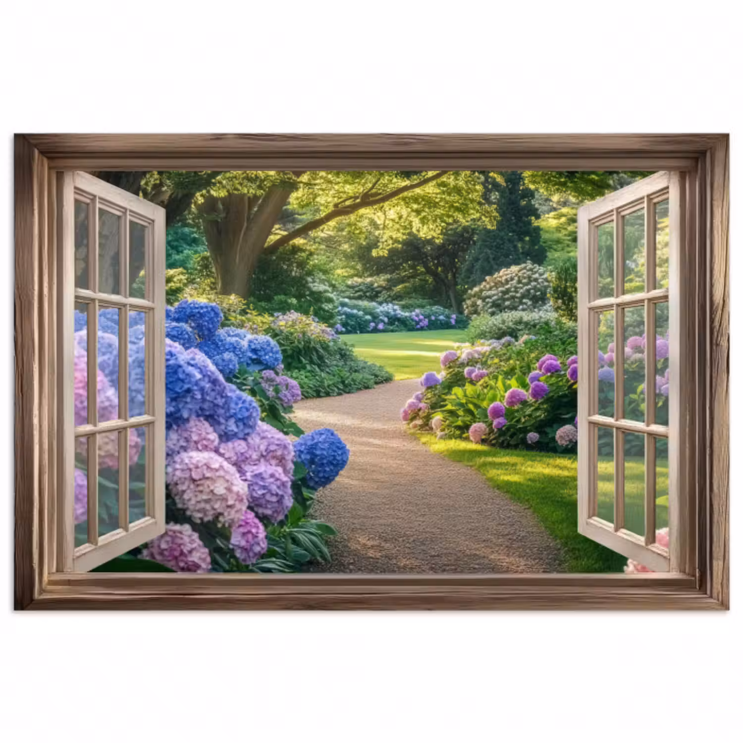 Poster - Aussicht - Garten - Fenster - Hortensie - Blumen