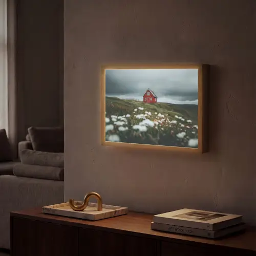 Heuvel - Huisje - Bloemen - Wit Light Box met batterij (Wandlamp) middel -sfeer1