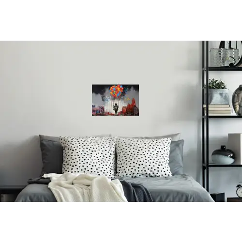 Jongen - Ballonnen - Gebouwen - Kunst Muursticker klein -slaapkamer