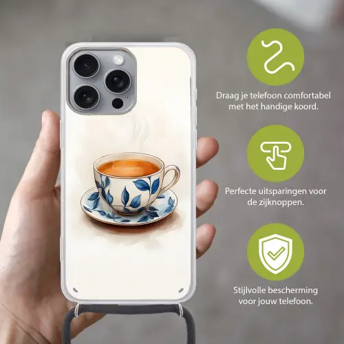 Theekop - Bladeren - Blauw Hoesje iPhone 16 Pro Max met koord klein -sfeer2_NL