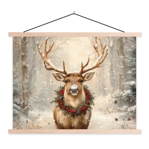 Kerst - Rendier - Winter - Krans textielposter latten blank klein -3d