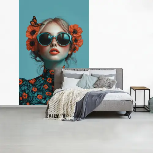 Vrouw - Blauw - Vlinder - Bloemen - Aesthetic fotobehang vinyl groot -slaapkamer
