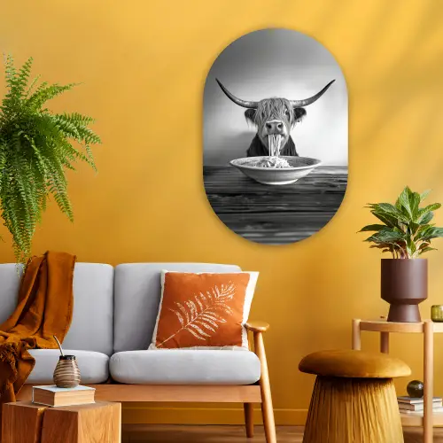 Schotse Hooglander - Spaghetti - Dieren - Zwart wit Wandcirkel Ovaal Glas middel -sfeer4
