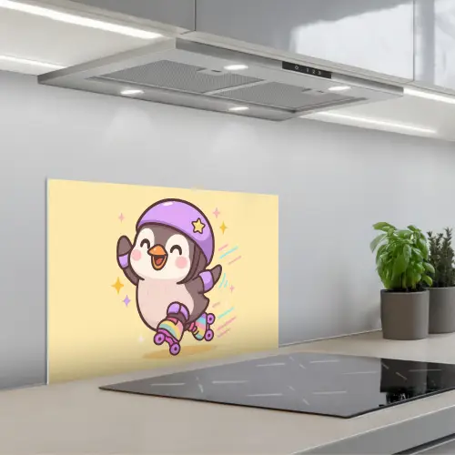 Pinguïn - Rolschaatsen - Geel - Energiek keuken achterwand spatscherm klein -3d_schuin