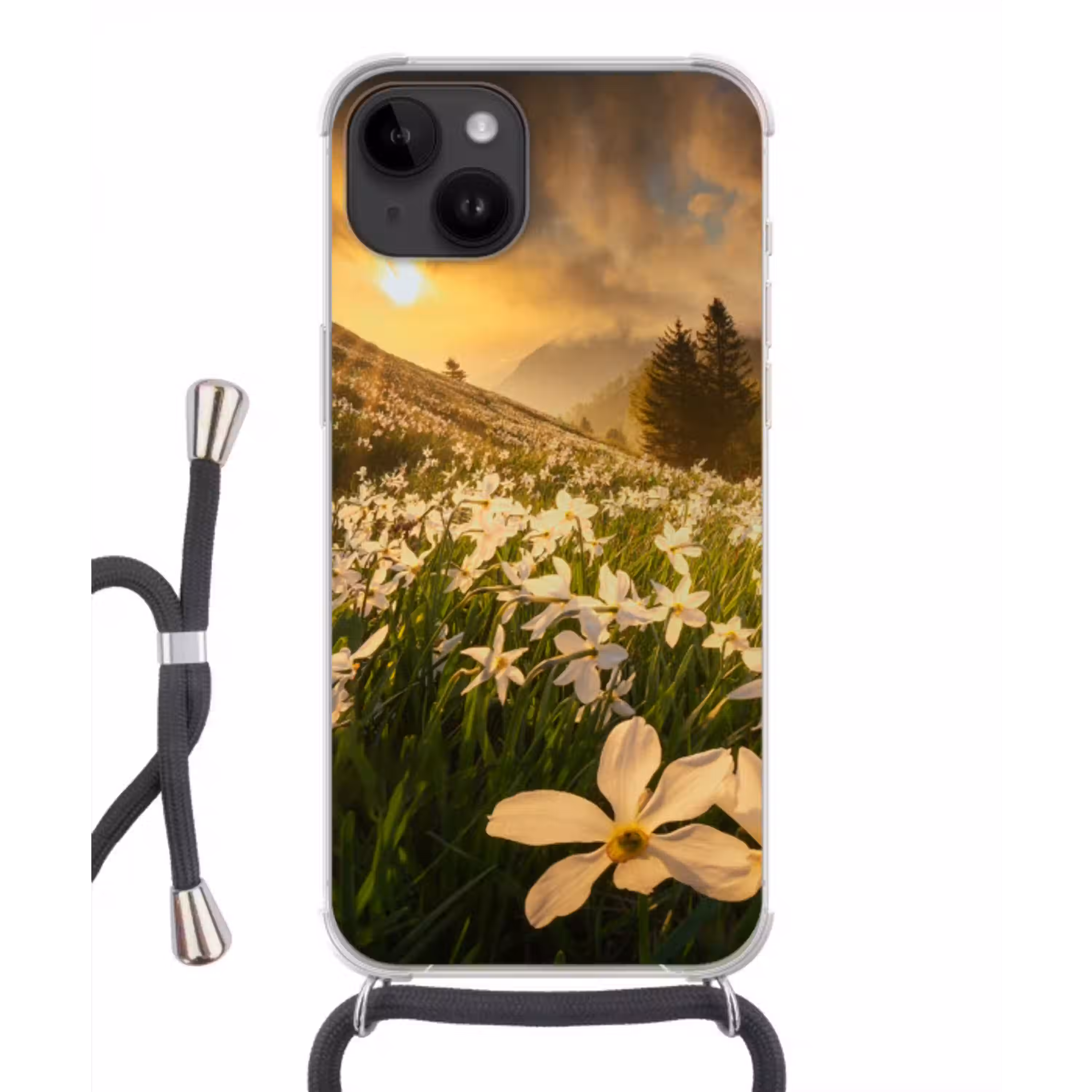 Bloemenveld - Heuvels - Zonsondergang - Berg - Natuur - Wit - Heuvels Crossbody Case iPhone 14 middel -3d