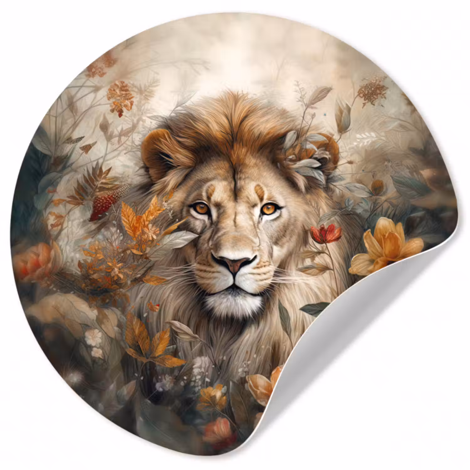 Runde Tapete - Löwe - Wildtiere - Pflanzen - Natur - Blumen