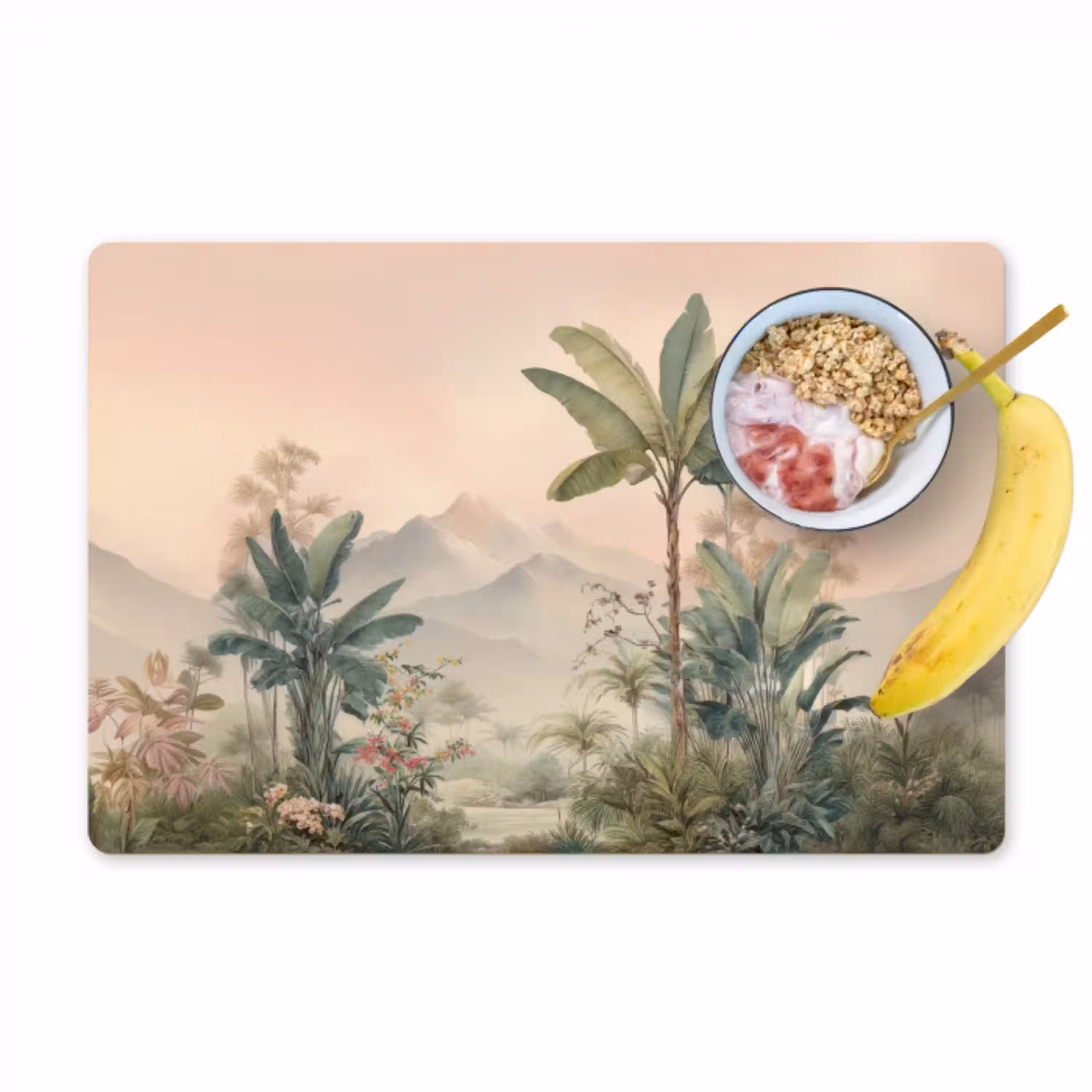 Tropisch landschap - palmbomen - Bloemen - Roze lucht Placemat vinyl groot -zzzproduct_Kitchenyeah-website
