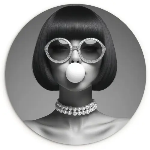 Vrouw - Zwart Wit - Ketting - Zonnebril Wandcirkel plexiglas klein -3d