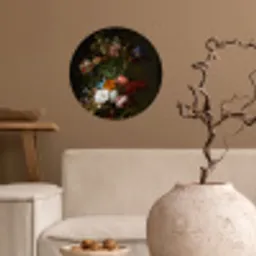 Vaas met bloemen - Schilderij van Rachel Ruysch Wandcirkel behangsticker klein -sfeer1