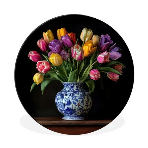 Tulpen - Kleuren - Hout - Vaas Wandcirkel aluminium klein -3d