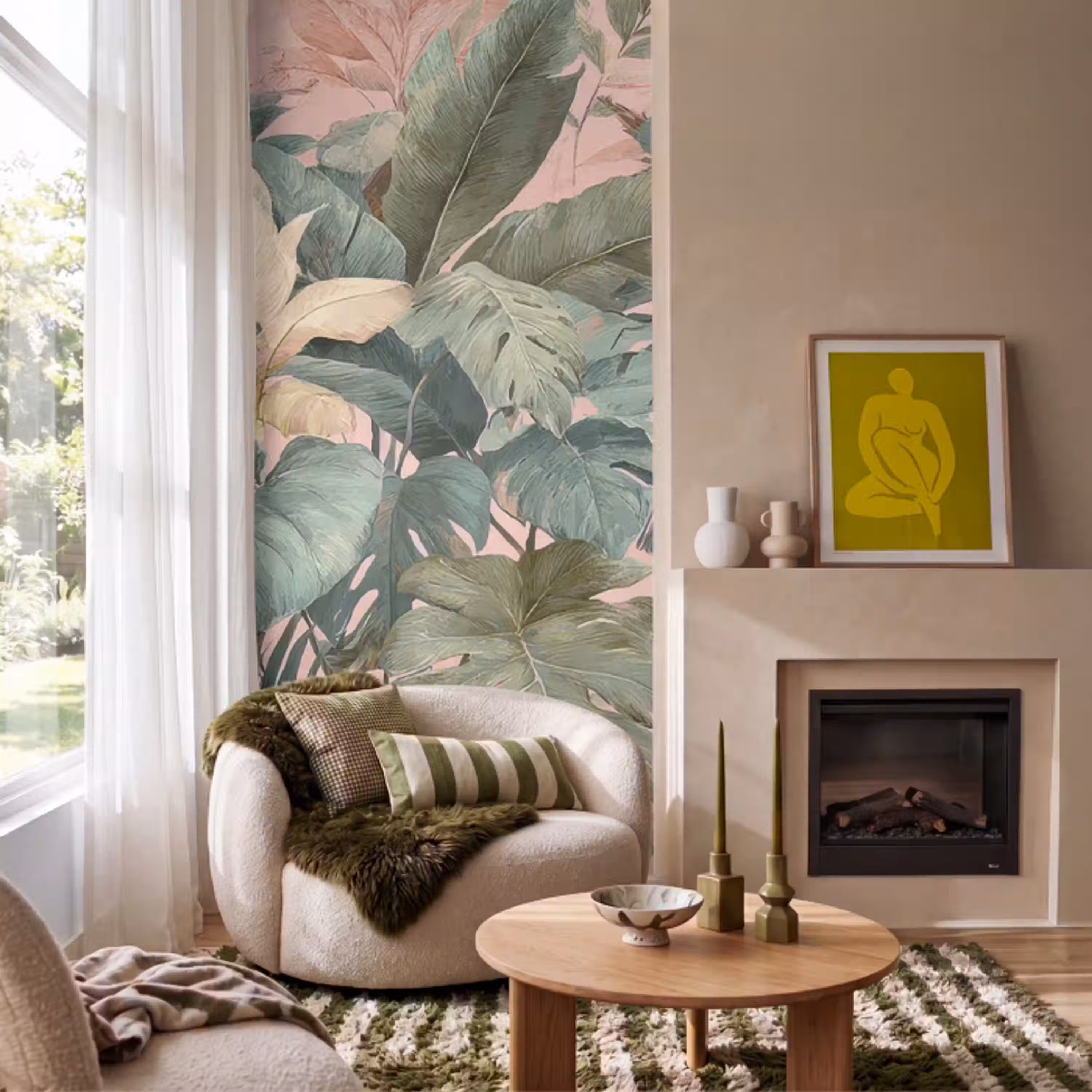 Compositie van bladeren - Groen - Roze Behang Vlies klein -sfeer2