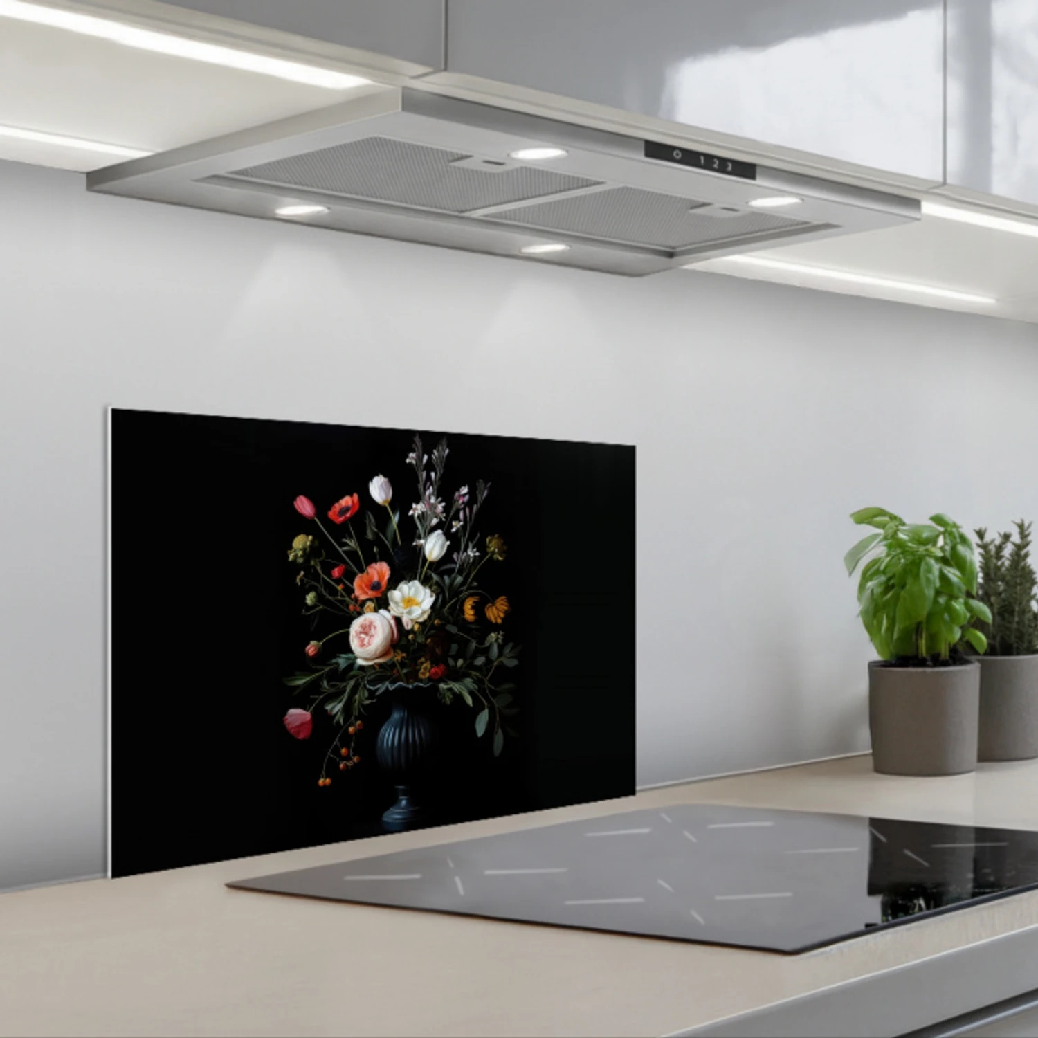 Bloemstuk - Vaas - Zwart keuken achterwand spatscherm klein -3d_schuin